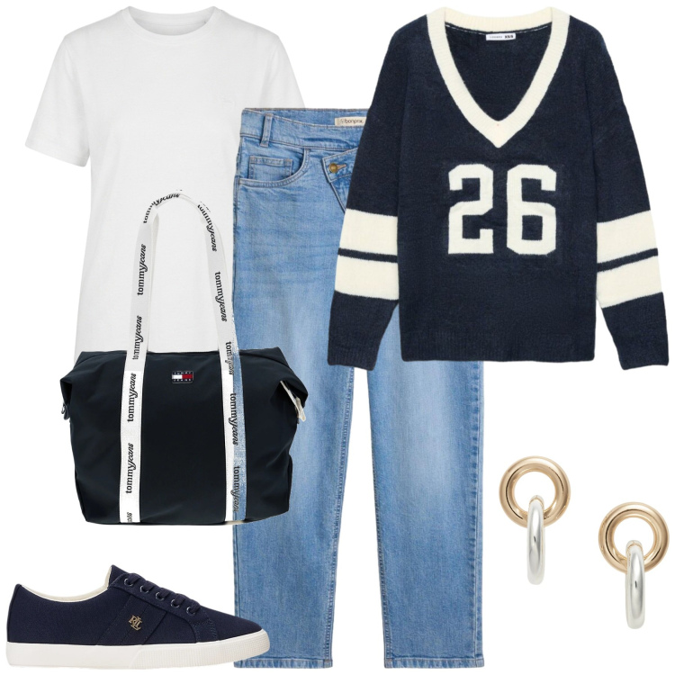 Outfit donna - Settembre college. Stile Casual chic per Tutti i giorni. Abbinamento con jeans mom, t-shirt, maglieria, orecchini, sneakers, shopping bag.