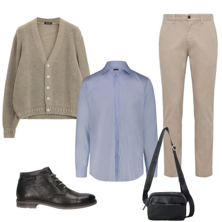Outfit uomo - Total look #2462827. Stile Casual per Ufficio. Abbinamento con pantaloni, borse sportive, cardigans, camicie, stivali e stivaletti.