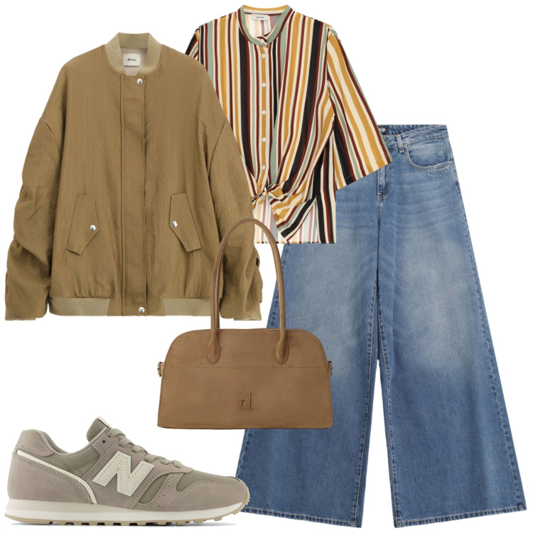 Outfit donna - City. Stile Casual chic per Tutti i giorni. Abbinamento con jeans, borse a spalla, camicie, bomber, sneakers.