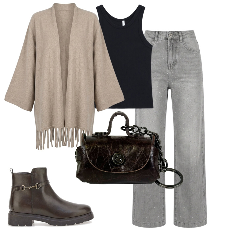 Outfit donna - City. Stile Casual chic per Tutti i giorni. Abbinamento con canottiere, portachiavi, kimono, jeans, stivaletti.