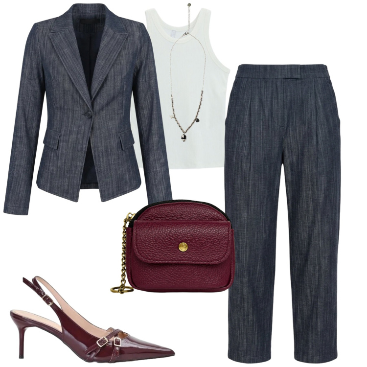 Outfit donna - Settembre. Stile Urban per Tutti i giorni. Abbinamento con canottiere, décolleté, ciondoli, portachiavi, blazer, jeans.
