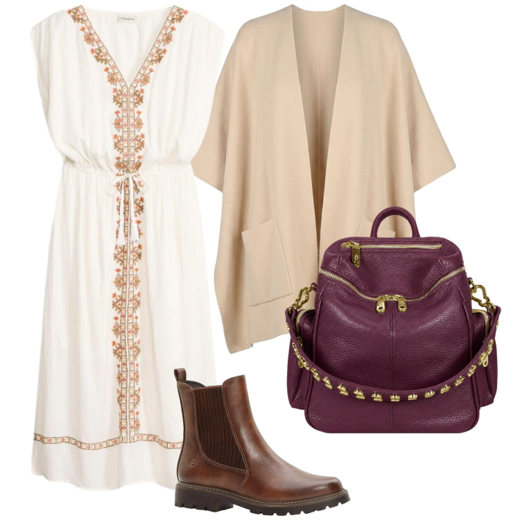 Outfit donna - Di rientro. per Tutti i giorni. Abbinamento con vestiti midi/longuette, stivaletti, zaini, cappe.