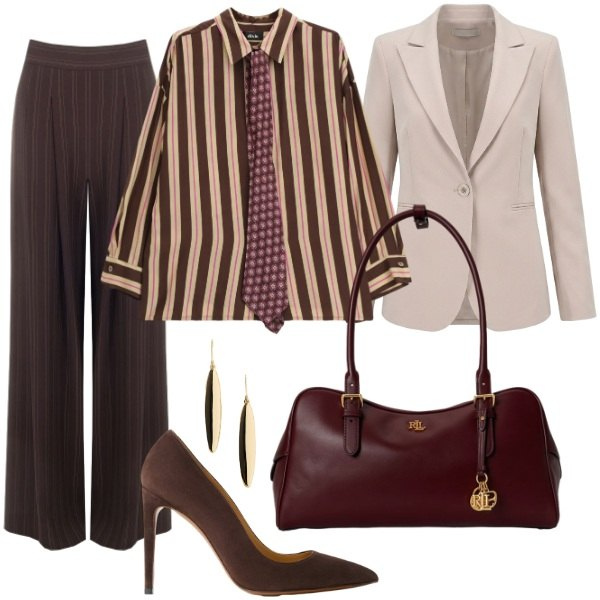Outfit donna - Total look #2462851. Stile Mannish per Ufficio. Abbinamento con camicie, pantaloni a palazzo, blazer, orecchini, borse a mano, décolleté.