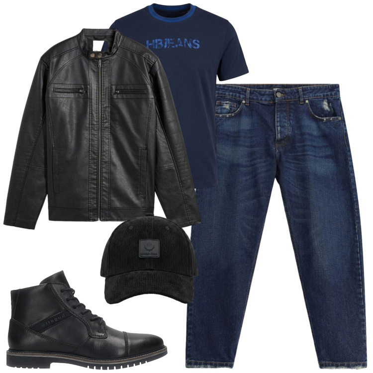 Outfit uomo - Friday. Stile Casual per Serata speciale. Abbinamento con giacche, t-shirt, jeans, cappelli con visiera, anfibi.