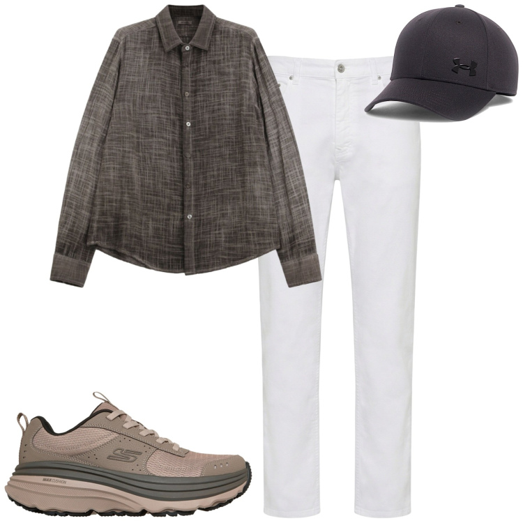 Outfit uomo - City. Stile Trendy per Tutti i giorni. Abbinamento con pantaloni, camicie, cappelli con visiera, sneakers.