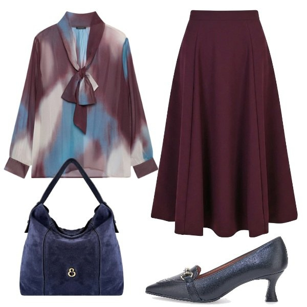 Outfit donna - Blu e bordeaux. Stile Chic per Ufficio. Abbinamento con gonne lunghe, bluse, borse a spalla, décolleté.