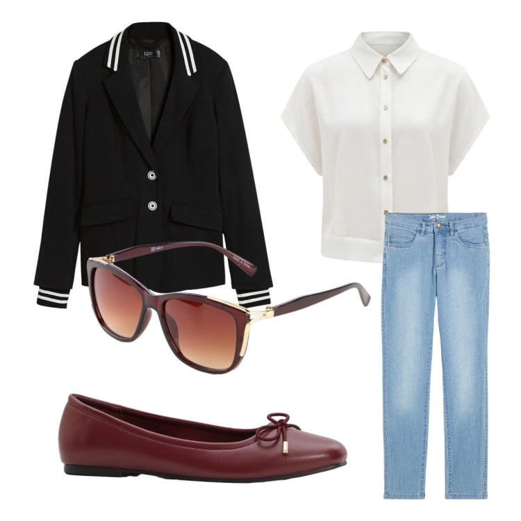 Outfit donna - Eleganza armoniosa. Stile Preppy per Ufficio. Abbinamento con blazer, ballerine, occhiali da sole, jeans dritti, camicie a manica corta.