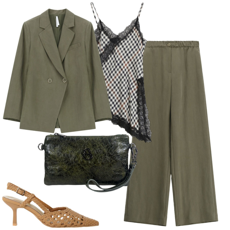 Outfit donna - Imperial. Stile Casual chic per Tutti i giorni. Abbinamento con pantaloni a palazzo, canottiere, blazer, décolleté, pochette.