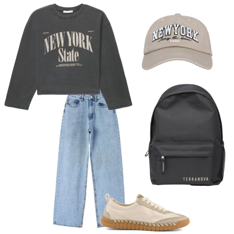 Outfit donna - Back to school. Stile Casual per Scuola/Università. Abbinamento con cappelli con visiera, jeans, t-shirt, zaini, sneakers.