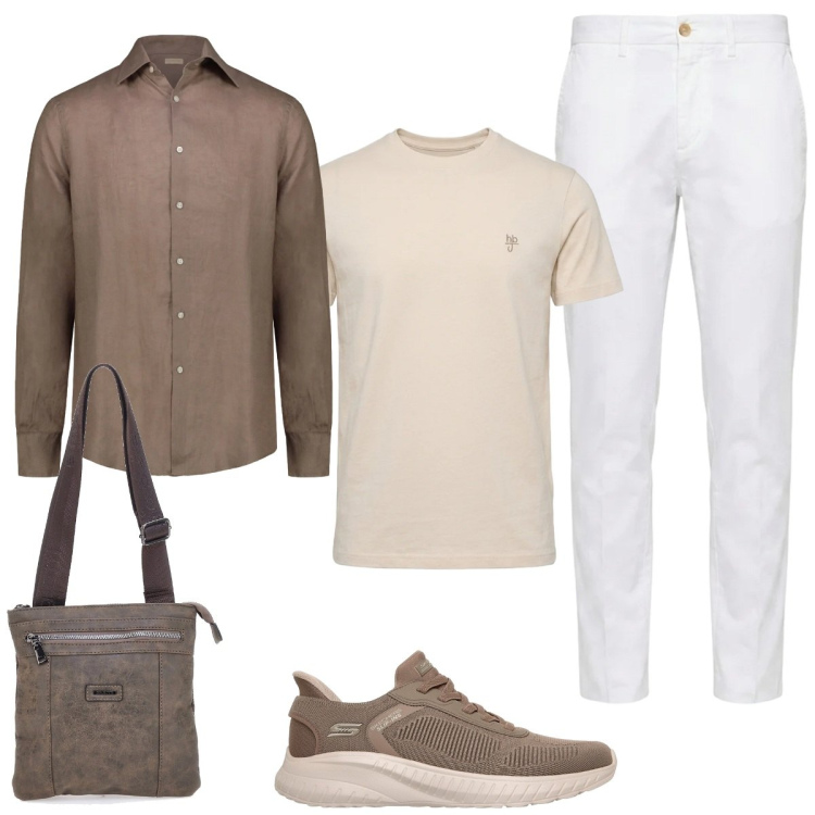 Outfit uomo - Casual in ufficio. Stile Casual per Tutti i giorni. Abbinamento con pantaloni chino, t-shirt, camicie, portafogli, sneakers.