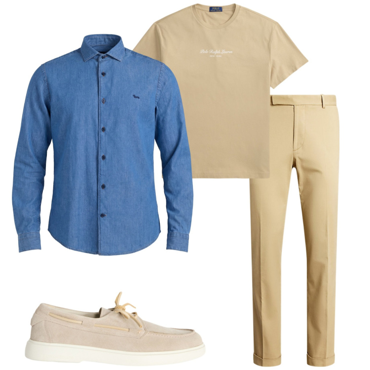 Outfit uomo - Camicia denim. Stile Urban per Tutti i giorni. Abbinamento con scarpe stringate, camicie, pantaloni chino, t-shirt.