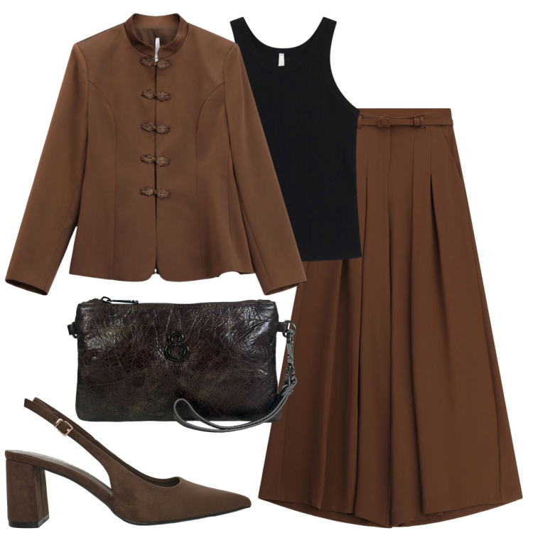 Outfit donna - Sofisticata. Stile Trendy per Tutti i giorni. Abbinamento con top, blazer, pantaloni a palazzo, décolleté, pochette.