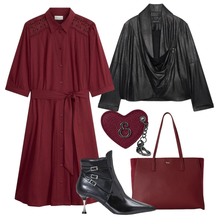 Outfit donna - Chemisier curve morbide. Stile Trendy per Tutti i giorni. Abbinamento con vestiti chemisier, shopping bag, stivaletti, blazer, portachiavi.