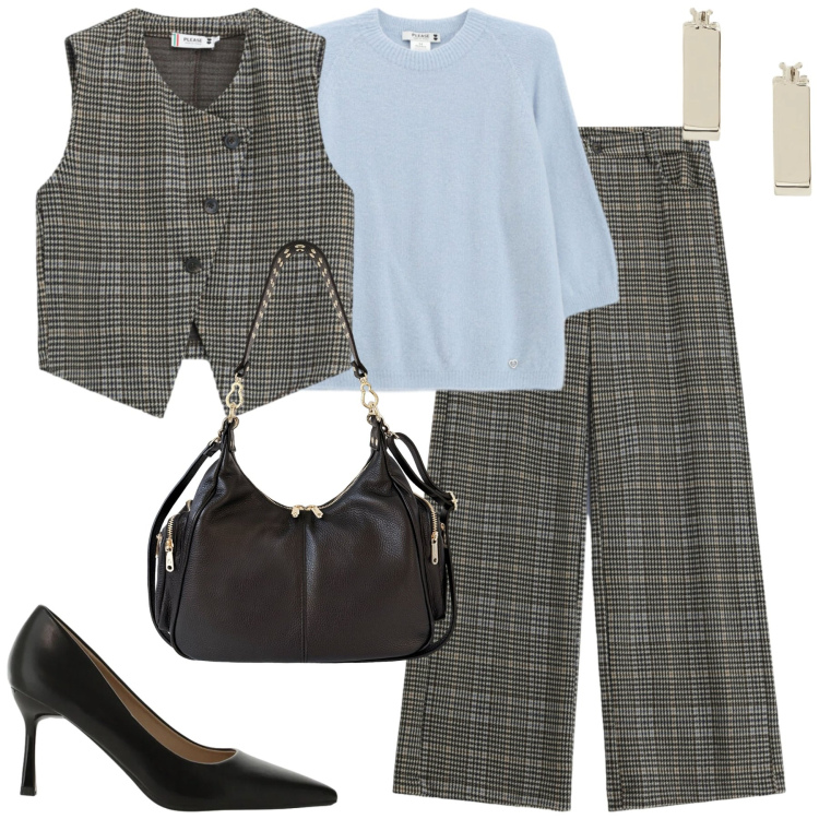 Outfit donna - In ufficio. Stile Urban per Ufficio. Abbinamento con décolleté, maglieria, pantaloni, gilet, borse a spalla, orecchini.