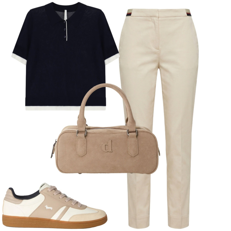 Outfit donna - City. Stile Casual chic per Tutti i giorni. Abbinamento con pantaloni chino, sneakers, polo, borse a mano.