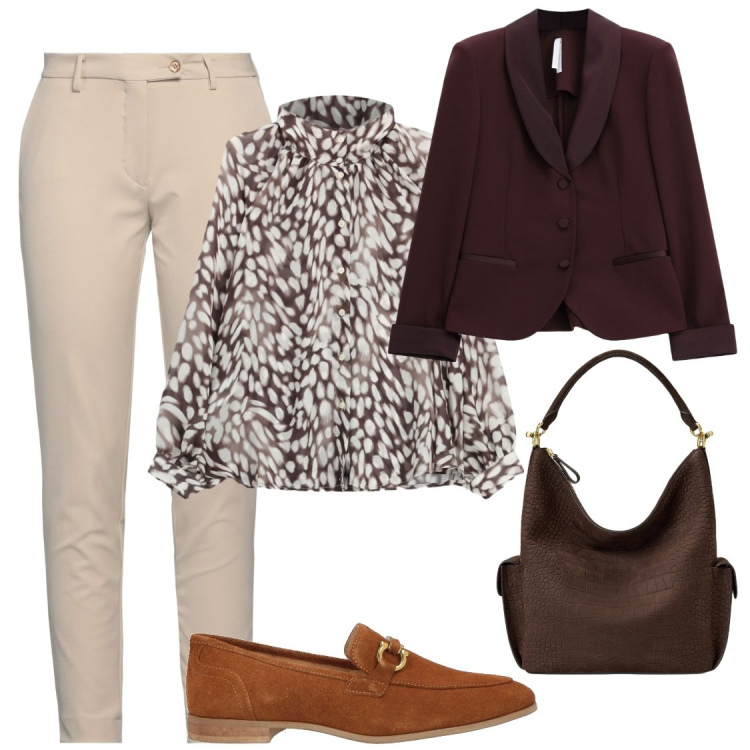 Outfit donna - Raffinato e deciso. Stile Chic per Ufficio. Abbinamento con mocassini, pantaloni, camicie, blazer, borse a spalla.