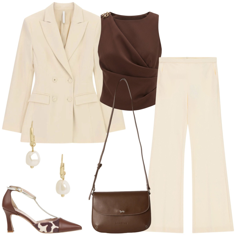 Outfit donna - Total look #2462896. Stile Chic per Cerimonia. Abbinamento con décolleté, borse a tracolla, blazer, pantaloni, canottiere, orecchini.