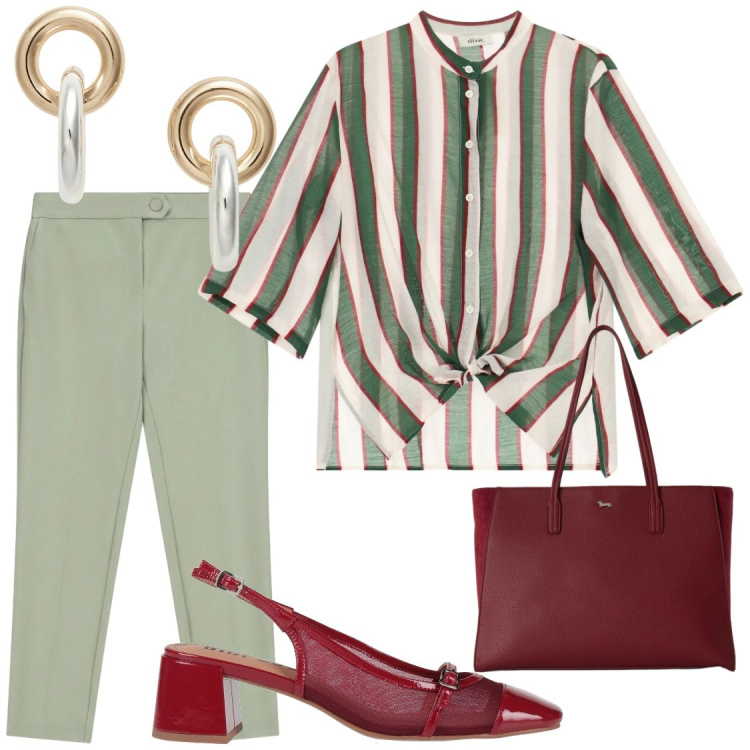 Outfit donna - Abbinamenti. Stile Chic per Ufficio. Abbinamento con décolleté, shopping bag, pantaloni, camicie, orecchini.