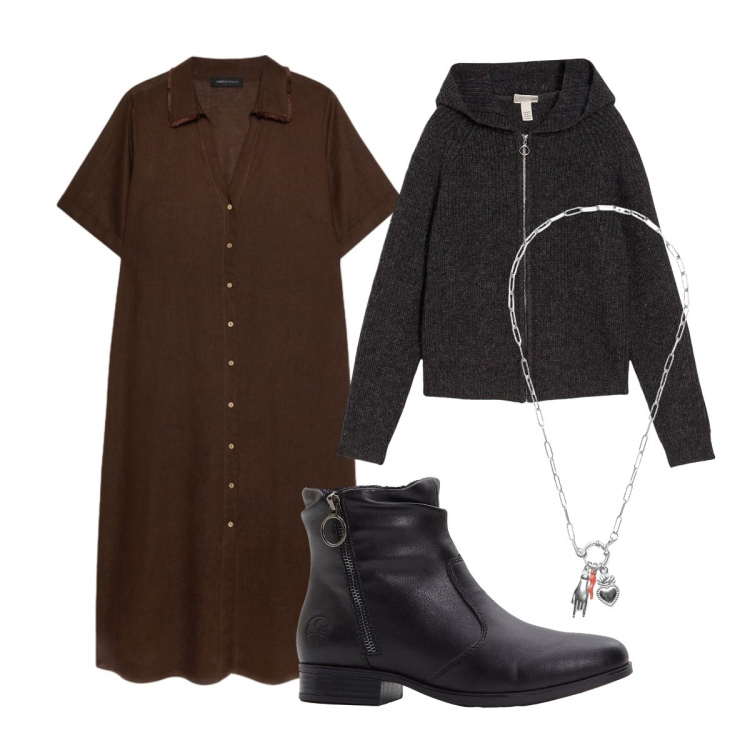 Outfit donna - Chemisier classico. Stile Basic per Tutti i giorni. Abbinamento con cardigans, stivaletti, ciondoli, vestiti chemisier.