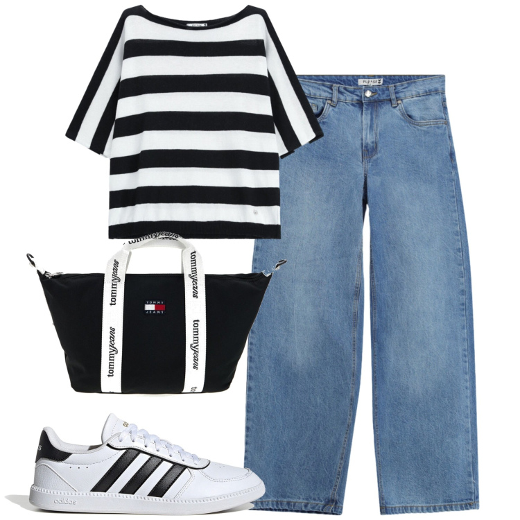 Outfit donna - City. Stile Casual chic per Tutti i giorni. Abbinamento con jeans, top, sneakers, shopping bag.