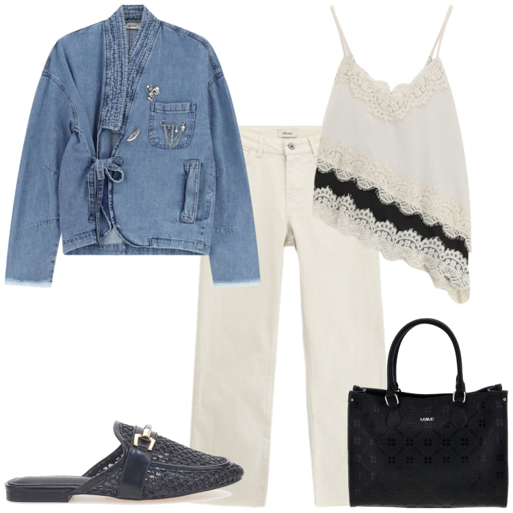 Outfit donna - City. Stile Casual chic per Tutti i giorni. Abbinamento con blazer, pantaloni, top, borse a tracolla, sabot.