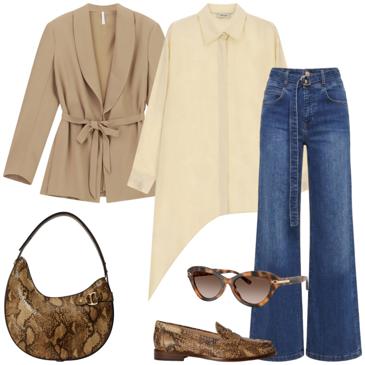 Outfit donna - Total look #2462907. Stile Casual chic per Tutti i giorni. Abbinamento con blazer, camicie, jeans, mocassini, borse a spalla, occhiali da sole.