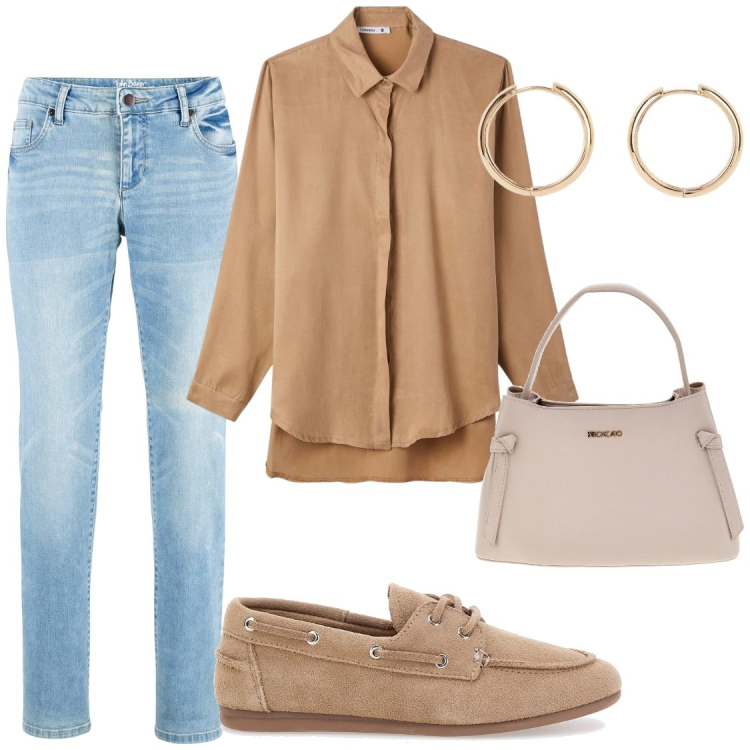 Outfit donna - Settembre in the city. Stile Chic per Ufficio. Abbinamento con jeans dritti, orecchini, camicie, scarpe stringate, borse a tracolla.