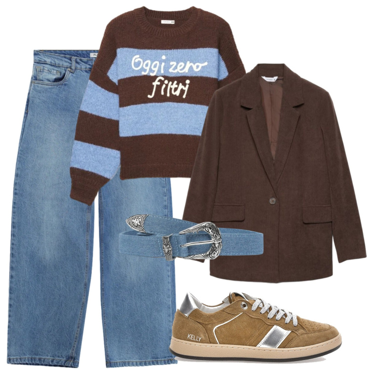 Outfit donna - Settembre. Stile Casual chic per Tutti i giorni. Abbinamento con maglieria, blazer, cinture, jeans, sneakers.