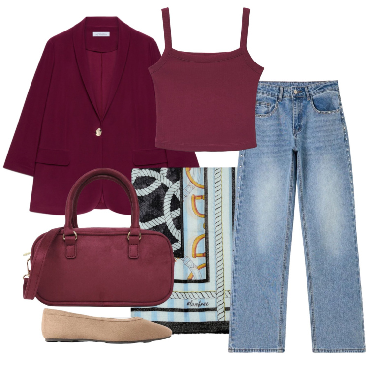 Outfit donna - Settembre. Stile Casual chic per Tutti i giorni. Abbinamento con ballerine, canottiere, borse a tracolla, jeans, blazer, foulard.