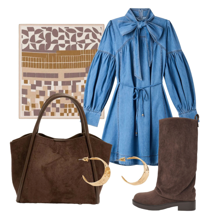 Outfit donna - Settembre. Stile Casual chic per Tutti i giorni. Abbinamento con orecchini, stivali, vestiti chemisier, foulard, borse a spalla.