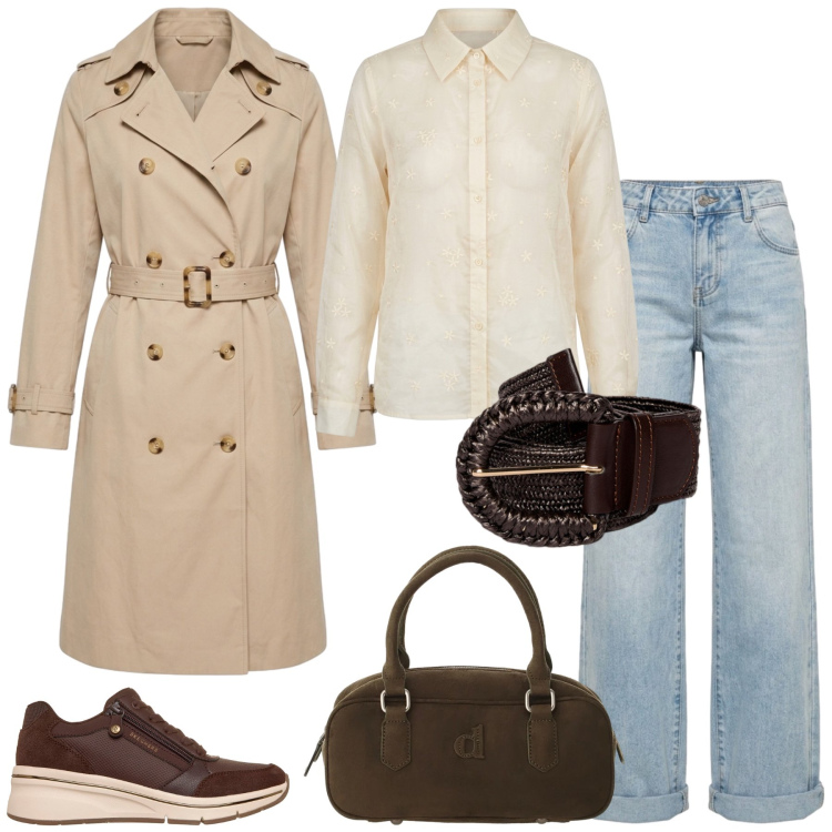 Outfit donna - Total look #2462916. Stile Casual per Tutti i giorni. Abbinamento con borse a mano, cinture, jeans, trench, camicie, sneakers.