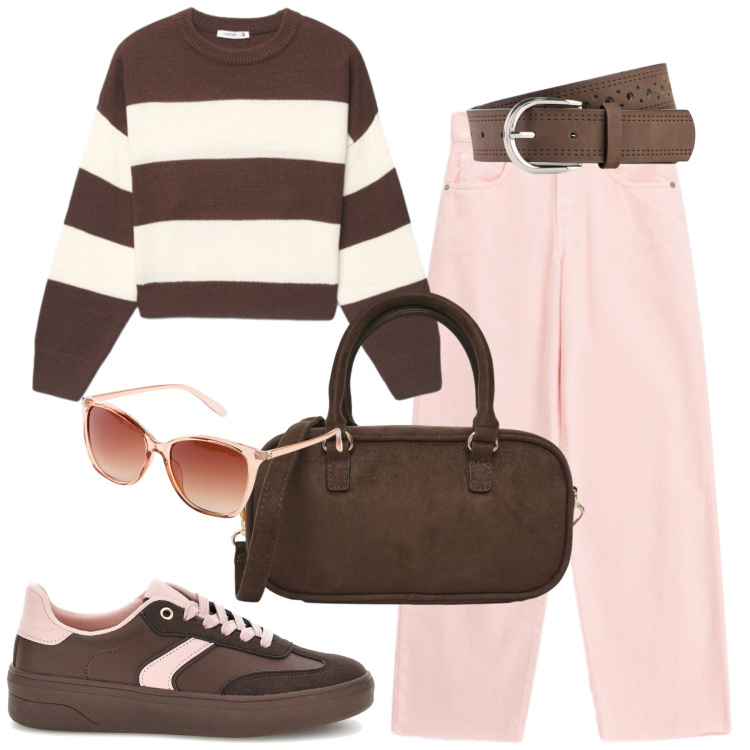 Outfit donna - City. Stile Casual chic per Tutti i giorni. Abbinamento con cinture, occhiali da sole, jeans, maglieria, borse a tracolla, sneakers.
