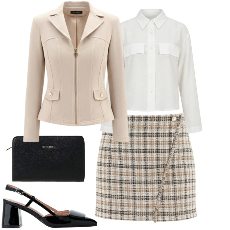Outfit donna - Rinascimento. Stile Chic per Tutti i giorni. Abbinamento con décolleté, borse a tracolla, blazer, minigonne, camicie.