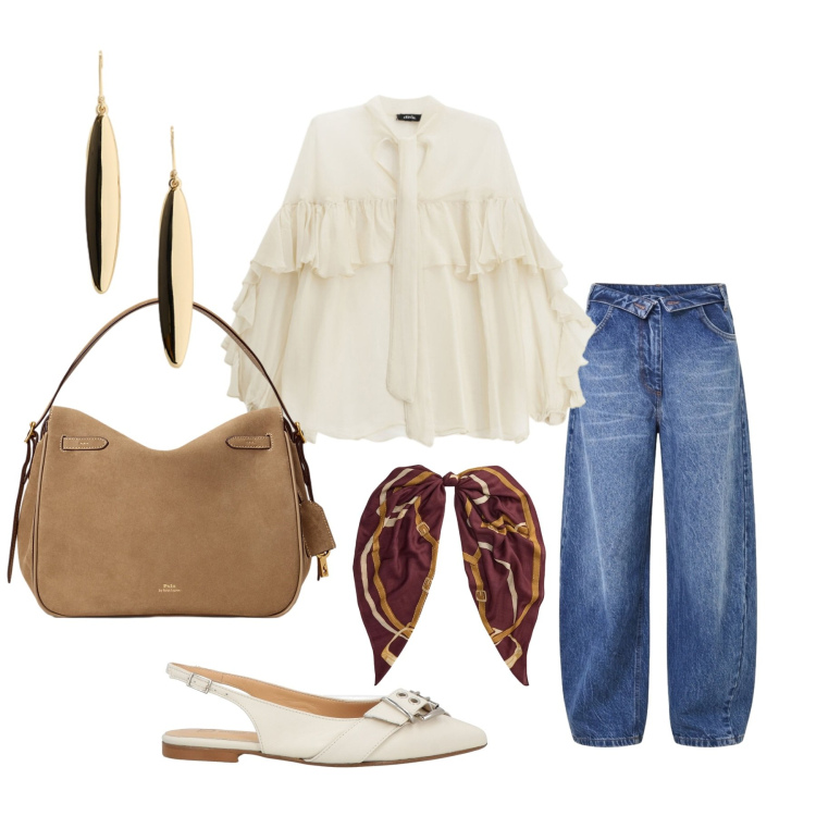 Outfit donna - W i colori neutri. Stile Casual chic per Tutti i giorni. Abbinamento con ballerine, bluse, jeans mom, borse a mano, orecchini, foulard.