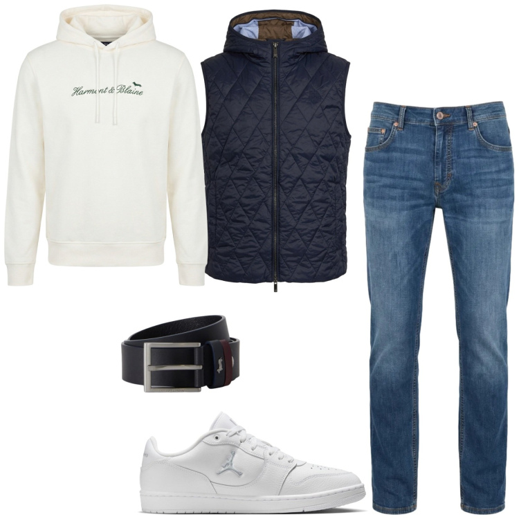 Outfit uomo - Total look #2462934. Stile Urban per Tutti i giorni. Abbinamento con jeans, felpe con cappuccio, piumini, cinture, sneakers.