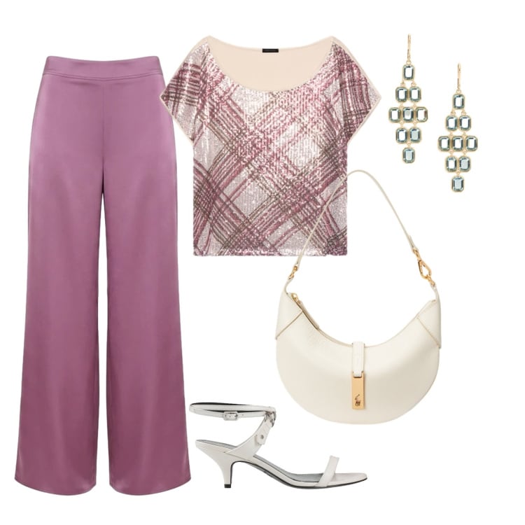 Outfit donna - Punti di Luce. Stile Chic per Serata fuori. Abbinamento con sandali in pelle, pantaloni a palazzo, t-shirt, borse a spalla, orecchini.