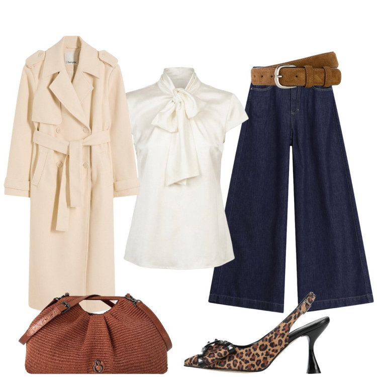 Outfit donna - Chic urbano con accenni animalier. Stile Chic per Tutti i giorni. Abbinamento con décolleté, trench, cinture, jeans, clutch, camicie.