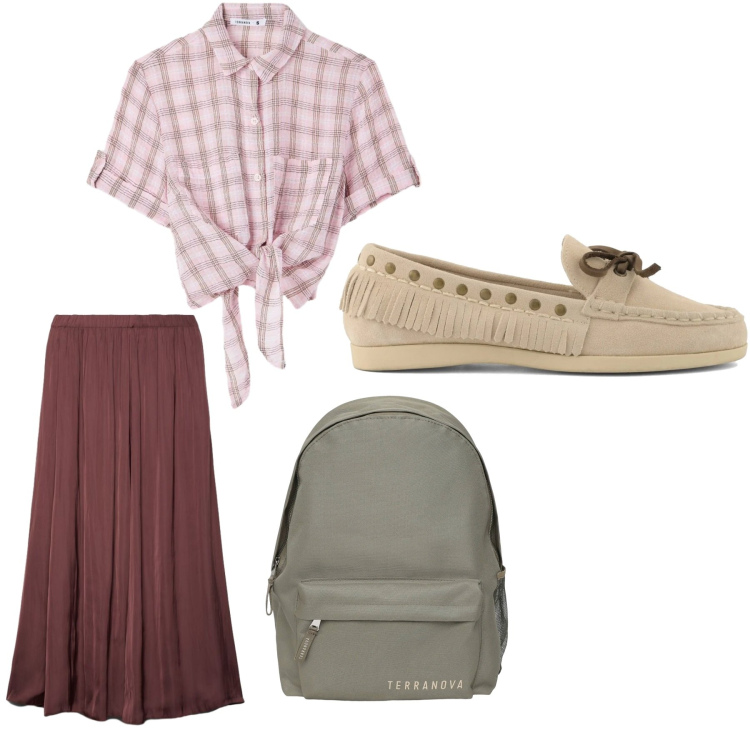 Outfit donna - Total look #2462950. Stile Casual per Scuola/Università. Abbinamento con zaini, gonne longuette, camicie a manica corta, mocassini.