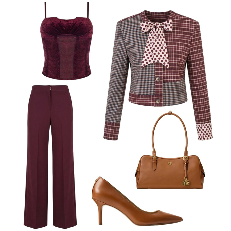 Outfit donna - In ufficio. Stile Chic per Ufficio. Abbinamento con blazer, pantaloni a palazzo, top, décolleté, borse a mano.