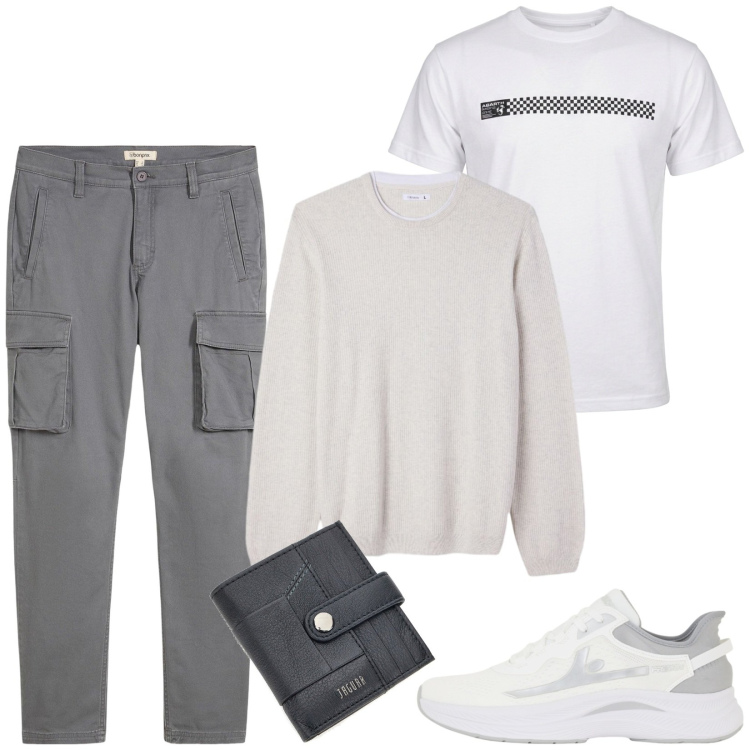 Outfit uomo - Total look #2462967. Stile Casual per Ufficio. Abbinamento con pantaloni cargo, maglieria, sneakers, portafogli, t-shirt.