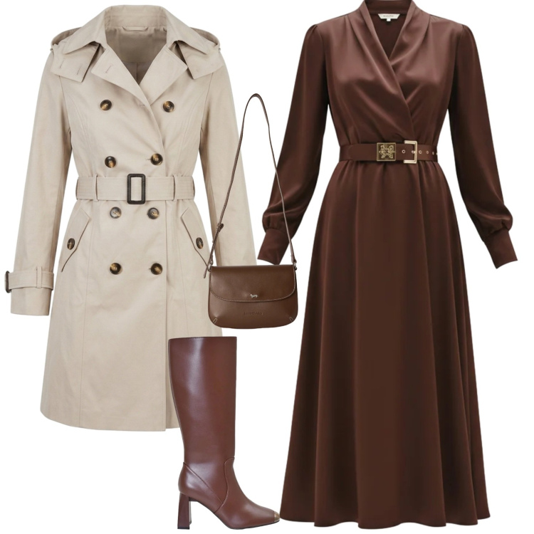 Outfit donna - Casual chic serata autunnale. Stile Casual chic per Serata fuori. Abbinamento con borse a tracolla, stivali sopra il ginocchio, vestiti midi/longuette, trench.