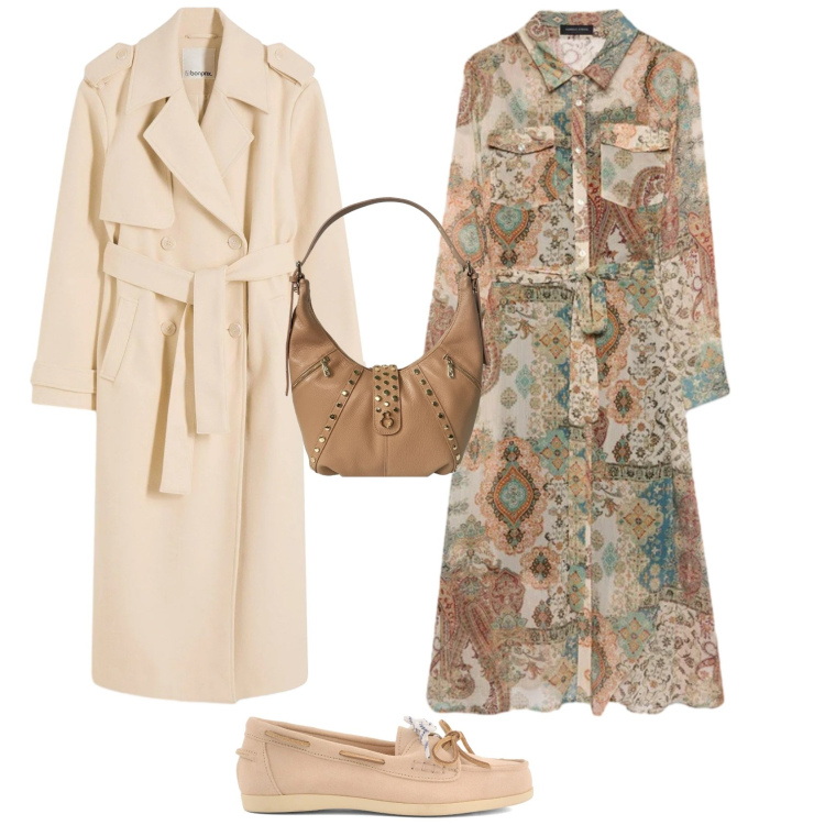 Outfit donna - Casual chic ufficio tempo libero. Stile Casual chic per Tutti i giorni. Abbinamento con trench, vestiti chemisier, borse a spalla, mocassini.