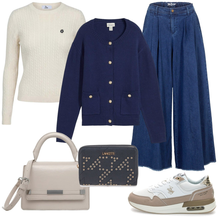 Outfit donna - A lavoro. Stile Casual per Ufficio. Abbinamento con gonne, cardigans, borse a tracolla, maglieria, sneakers, portafogli.