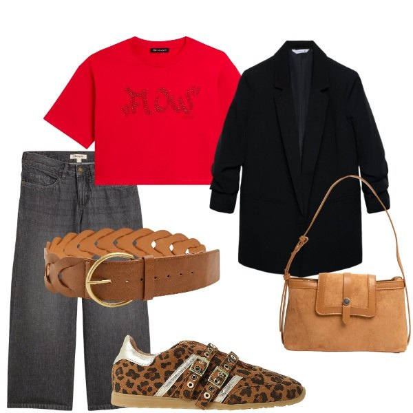 Outfit donna - Passeggiando per la città. Stile Casual per Tutti i giorni. Abbinamento con jeans, sneakers, blazer, cinture, t-shirt, borse a tracolla.