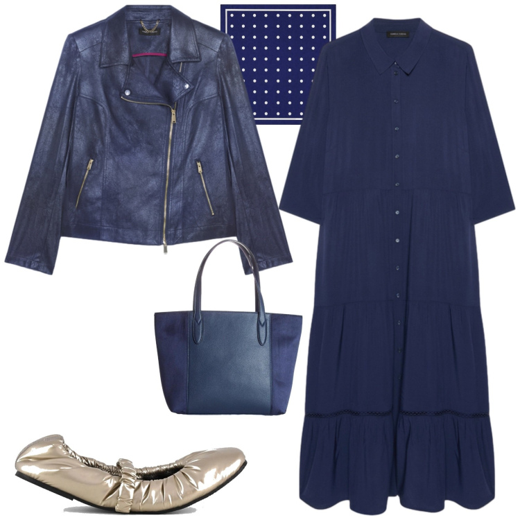 Outfit donna - Casual chic ufficio tempo libero. Stile Casual chic per Tutti i giorni. Abbinamento con shopping bag, foulard, vestiti lunghi, blazer, ballerine.