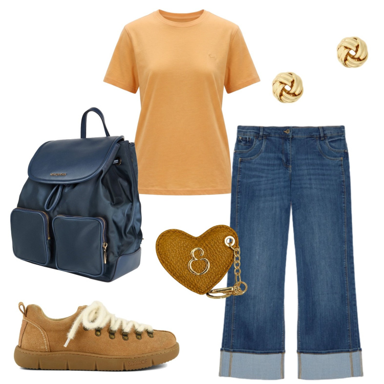 Outfit donna - Oggi sono di corsa. Stile Minimal per Tutti i giorni. Abbinamento con zaini, t-shirt, jeans dritti, portachiavi, orecchini, sneakers.