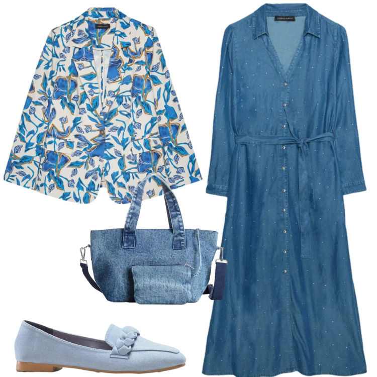 Outfit donna - Casual chic in denim. Stile Casual chic per Tutti i giorni. Abbinamento con borse a mano, mocassini, blazer, vestiti lunghi.