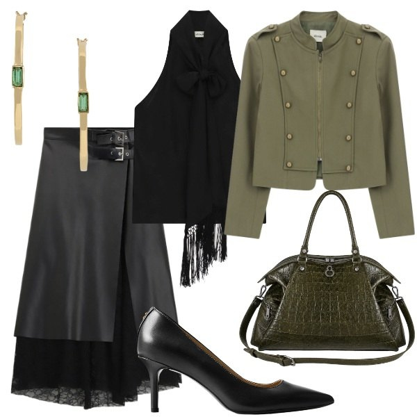 Outfit donna - Particolari. Stile Chic per Serata fuori. Abbinamento con top, blazer, gonne longuette, shopping bag, décolleté, orecchini.