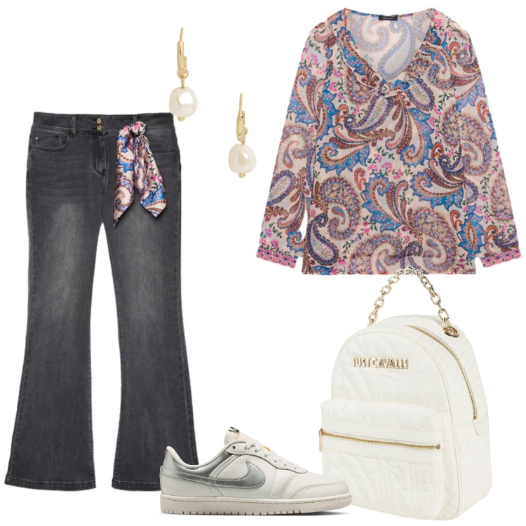 Outfit donna - Total look #2462995. Stile Casual chic per Ufficio. Abbinamento con zaini, bluse, jeans, orecchini, sneakers.