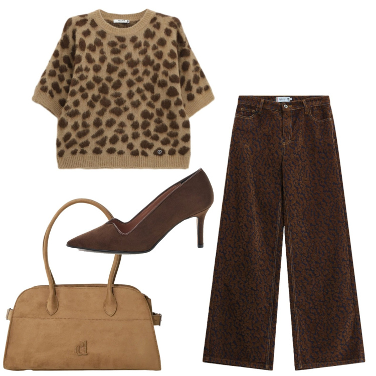 Outfit donna - Il pullover animalier. Stile Casual chic per Tutti i giorni. Abbinamento con borse a spalla, pantaloni a palazzo, maglieria, décolleté.